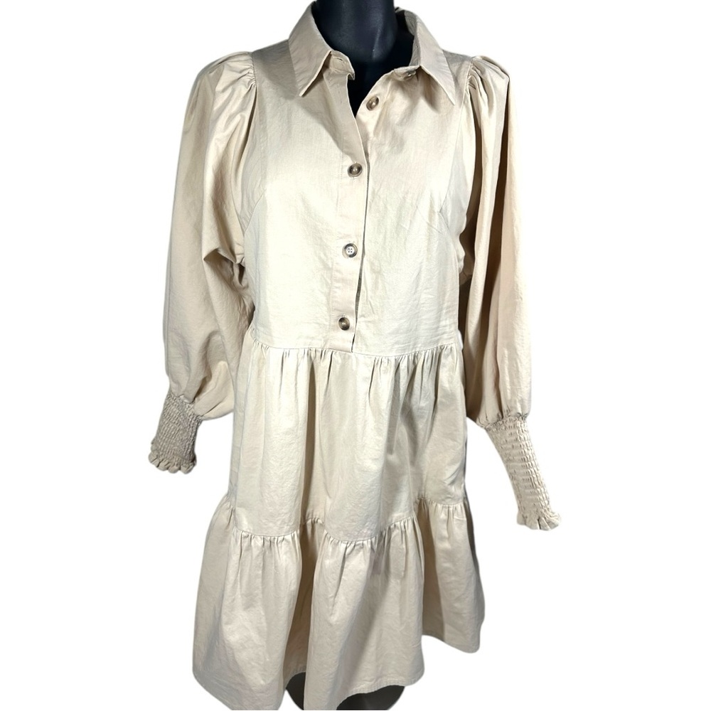 Bohme Beige Dress Long Sleeve 1/4 Button Tiered Skirt Small Smocked Cuffs Collar